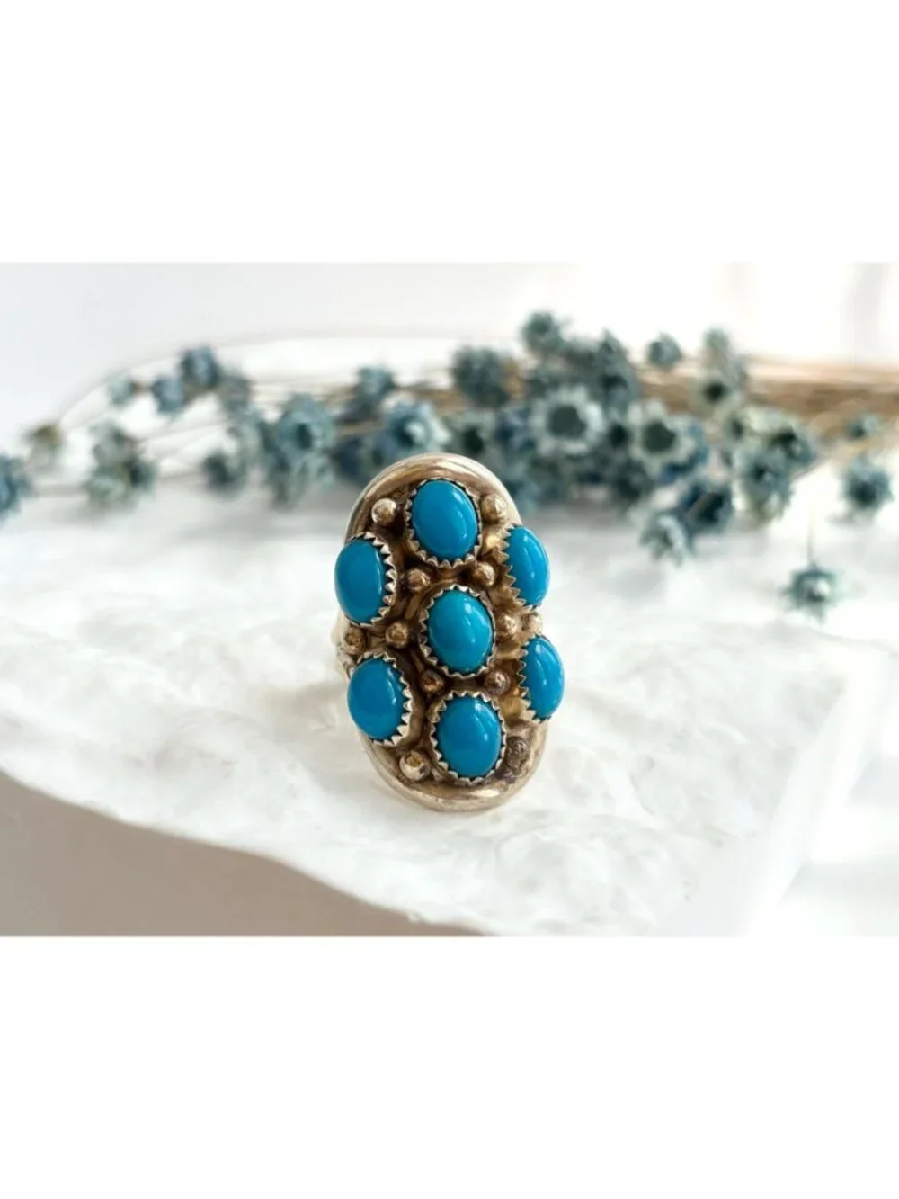 Navajo Sleeping Beauty Turquoise Cluster Sterling Silver 925 Vintage Ring - sz 8